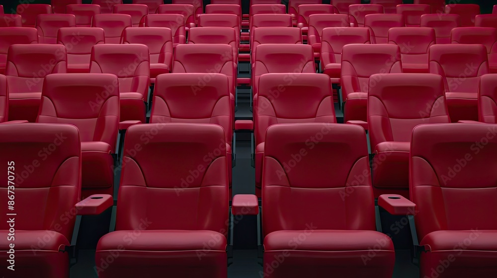 Rows of empty red theater seats in a dimly lit movie theater. Rows of empty red theater seats in a dimly lit movie theater.