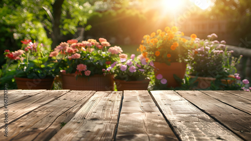 Beautiful blurred background of an empty wooden table with flower pots and garden in the spring sunny day, concept for product display, photo shoot from above © Shami