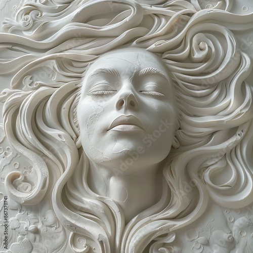 White clay sculpture of woman's face 