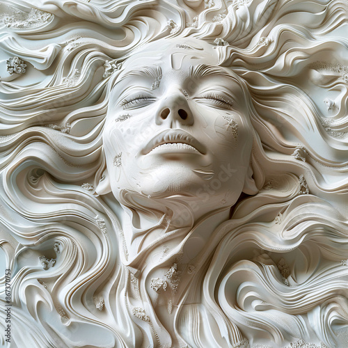 White clay sculpture of woman's face 