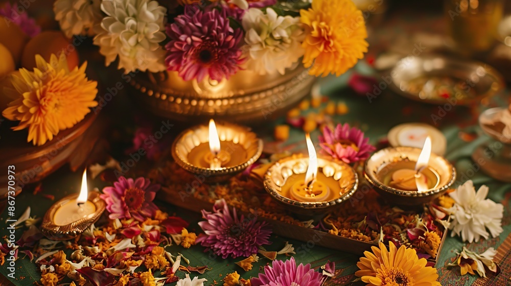 Diwali Celebration with Candles and Flowers Diwali Celebration with Candles and Flowers