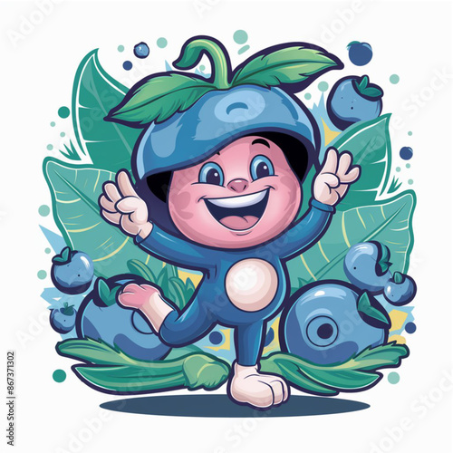 Digital illustration featuring a cheerful anthropomorphic blueberry mascot