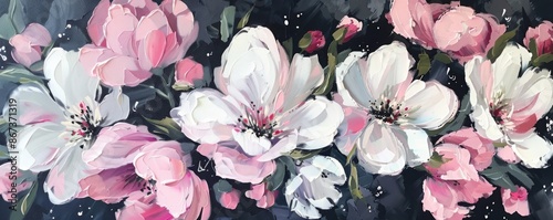 Abstract floral painting with white and pink flowers blooming on a black background. Perfect for a feminine and elegant touch to your designs
