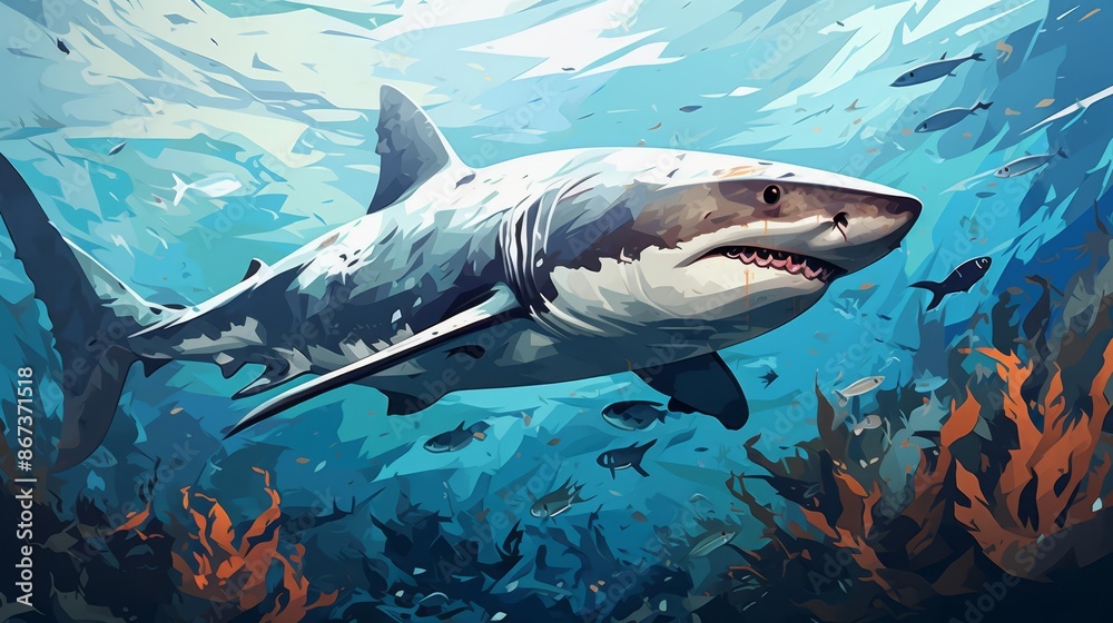 Fototapeta premium sharks gliding through water aquarium background flat design side view ocean exploration theme water color Triadic Color Scheme