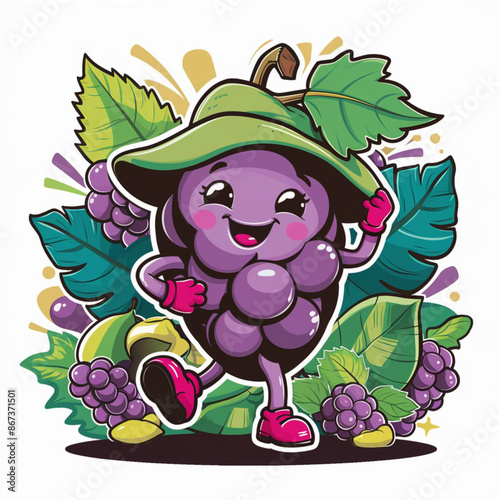 Digital illustration of an adorable anthropomorphic grape mascot