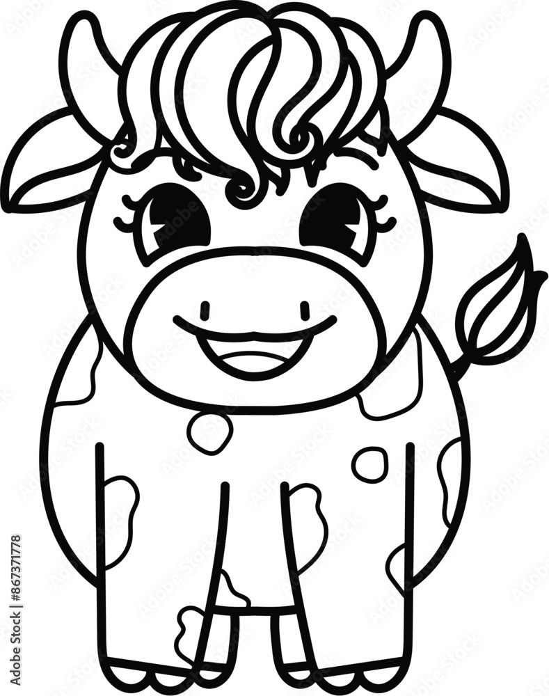 Obraz premium Bold line drawing calf or baby cow with editable stroke thickness for coloring page for kids. Vector illustration.