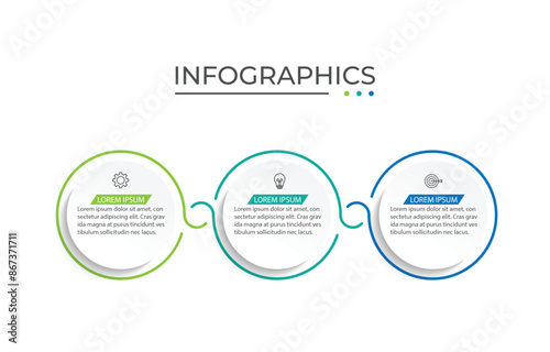 Business infographic thin line process with circle template design with icons and 3 options or steps.