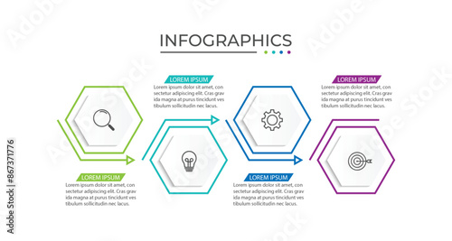 Business infographic design with 4 options. Vector thin line label with hexagons template.