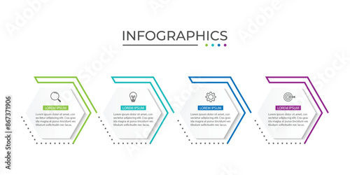 Business infographic design with 4 options. Vector thin line label with hexagons template.