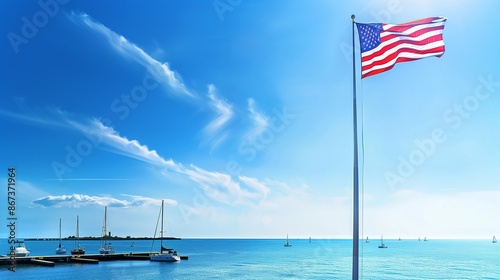 An American flag flying on a tall pole at a coastal marina, with sailboats and a calm sea under a bright blue sky.