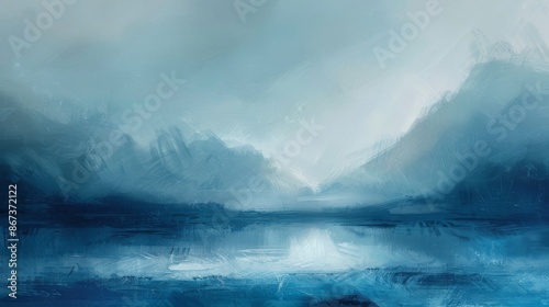 Digital painting of a mountain range reflecting in calm lake water, with fog hovering above the water and in the valleys of the mountains