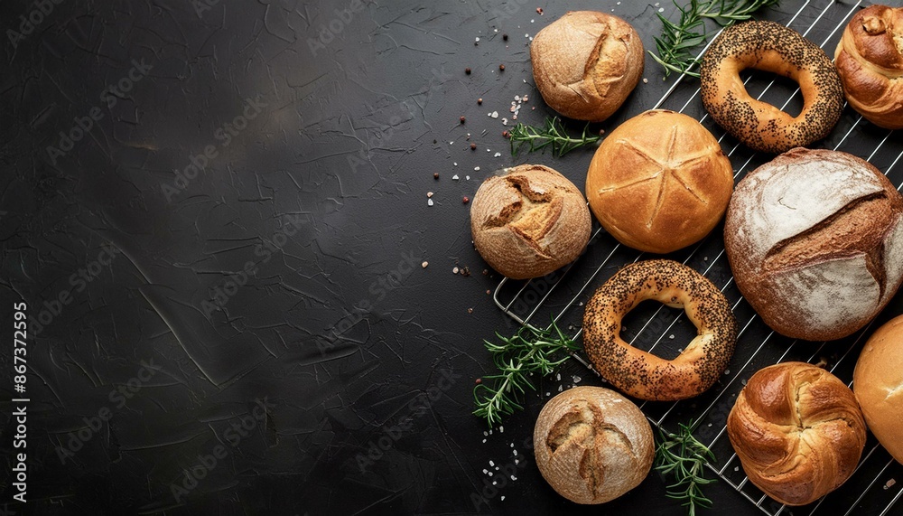 Illustrate a cozy bakery scene with an assortment of freshly baked artisan bread loaves. Black Background Illustrate a cozy bakery scene with an assortment of freshly baked artisan bread loaves. Black Background