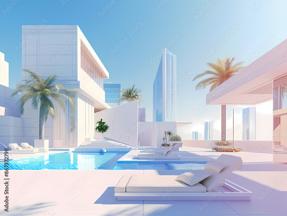 Fototapeta premium Illustration of a Modern City Luxury Hotel Pool
