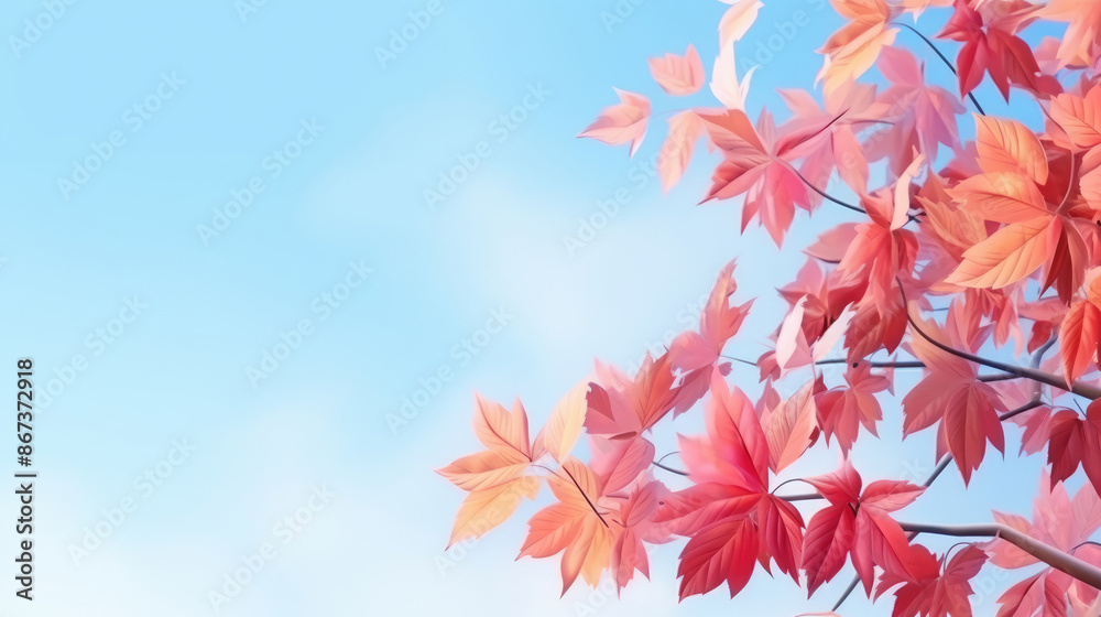 Beautiful autumn leaves carried on a breeze. Red maple leaves against the blue sky. Banner autumn background., generative ai Beautiful autumn leaves carried on a breeze. Red maple leaves against the blue sky. Banner autumn background., generative ai