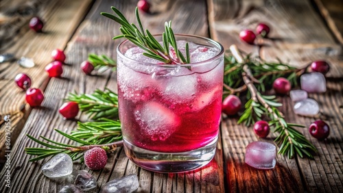 Wallpaper Mural Frosty glass filled with vibrant pink liquid and ice bubbles, garnished with a sprig of rosemary on a rustic wooden table. Torontodigital.ca