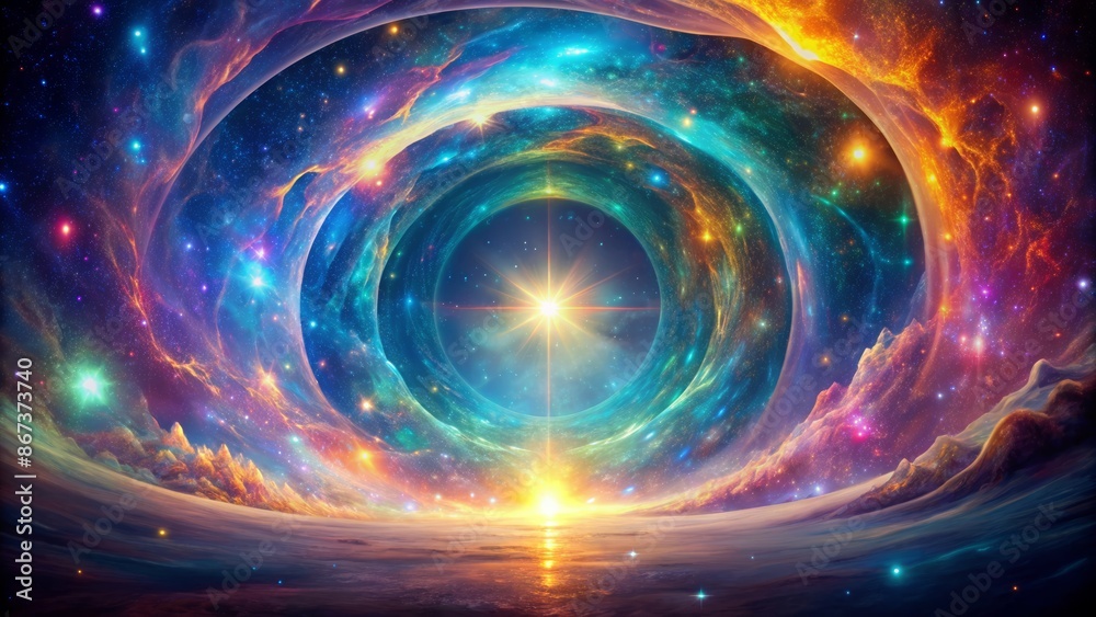 Obraz premium Vibrant, mesmerizing cosmic portal with swirling iridescent colors, radiant glow, and abstract, dreamlike patterns in a deep, starry background.