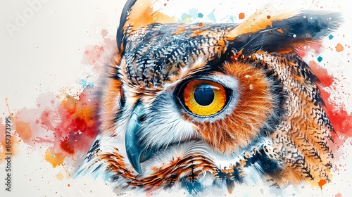 Colorful illustration of a great horned owl staring intensely with watercolor splashes surrounding it, showcasing the beauty and power of nature