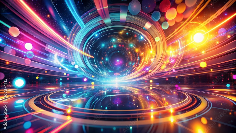 Vibrant, futuristic, blurred studio background with swirling shapes, lights, and abstract elements showcasing modern digital creative design and animation.