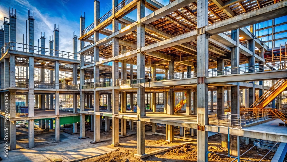 Surreal, multilayered, underconstruction building backdrop with steel beams, concrete columns, and staircases, showcasing structural integrity and modern architectural design. Surreal, multilayered, underconstruction building backdrop with steel beams, concrete columns, and staircases, showcasing structural integrity and modern architectural design.