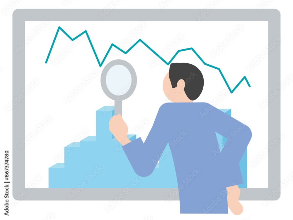 折れ線グラフの上昇・下降を見て分析するビジネスパーソンのイラスト（ピクトグラム風）