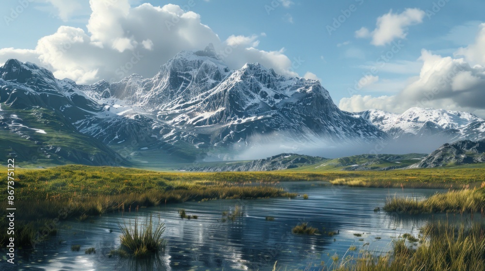 Snow-capped Mountains Reflecting on a Tranquil Lake Snow-capped Mountains Reflecting on a Tranquil Lake