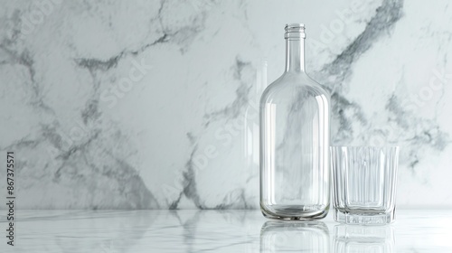 A realistic image of a translucent glass bottle and drinking glass, delicately positioned on a white marble surface, showcasing the reflections of the bottle within the glass and vice versa. photo
