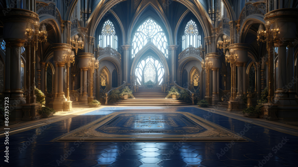 A realistic fantasy gold interior of the royal palace. golden blue palace. castle interior. Fiction Backdrop. concept art., generative ai A realistic fantasy gold interior of the royal palace. golden blue palace. castle interior. Fiction Backdrop. concept art., generative ai