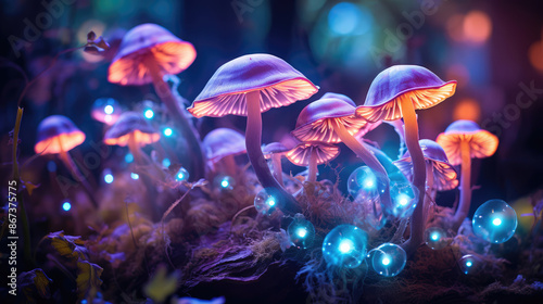 Fantasy Glowing Mushrooms, close-up. Beautiful macro shot of magic mushroom, fungus. Magic light., generative ai