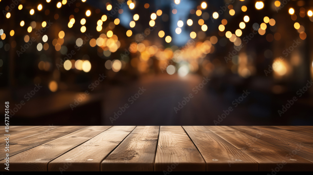 Top of wooden table on blur background with lights of bar, cafe, coffee shop or restaurant. Using for mock up template for display of your design,, generative ai Top of wooden table on blur background with lights of bar, cafe, coffee shop or restaurant. Using for mock up template for display of your design,, generative ai