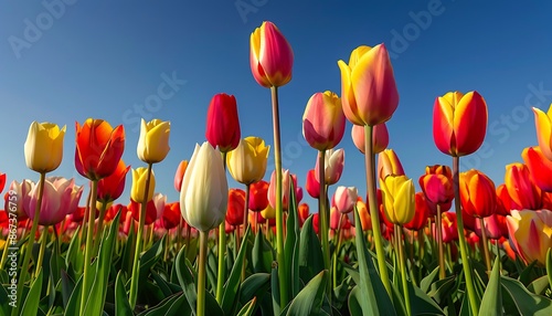A vibrant tulip field ablaze with color under a clear blue sky  ,
