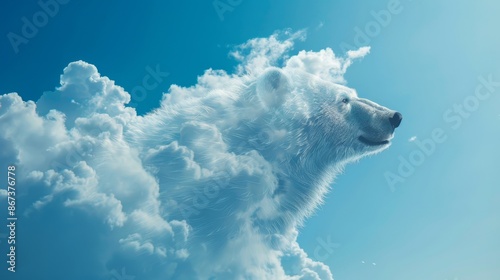Polar bear made from a cloud against a blue sky. Airy fluffy animal flying in the sky. photo