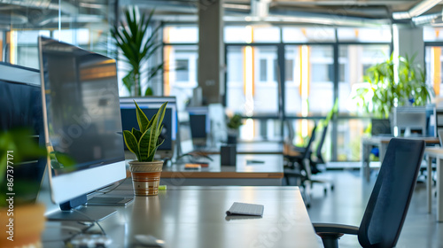 Un bureau moderne et lumineux avec des ordinateurs, des chaises ergonomiques, et des plantes sur les bureaux.