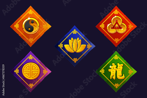 Colored papers with Chinese icons. Banner, frame or template for icons. Chinese Style Icons for 2D Games and Casino or Slots.