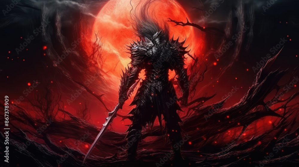 Fototapeta premium Knight of the Dark Lord against the backdrop of a huge mystical moon. Fantasy background. Dark fantasy warrior, dark fantasy art. digital art,, generative ai