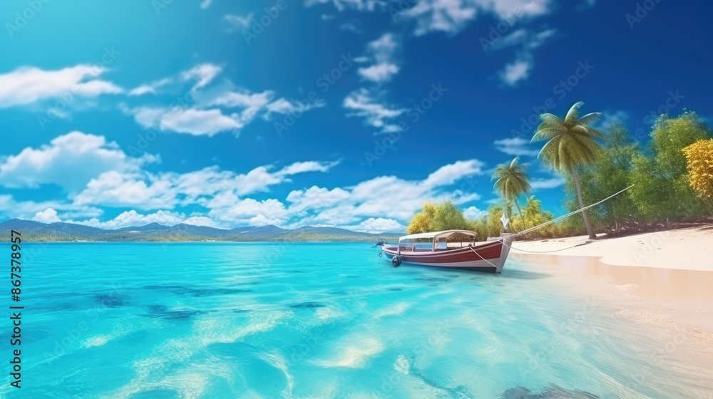 Beautiful summer landscape of tropical island with boat in ocean. Transition of sandy beach into turquoise water. Travel and vacation concept., generative ai Beautiful summer landscape of tropical island with boat in ocean. Transition of sandy beach into turquoise water. Travel and vacation concept., generative ai