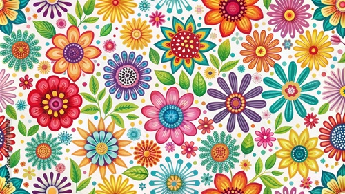 Vibrant, stylized illustration of colorful flowers in a seamless repeating pattern on a white background, perfect for design elements.