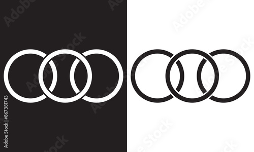 Simple overlapping circles vector drawing, version with three to seven objects, also interlocked rounds style.. Isolated on white and black background. Vector illustration. EPS 10