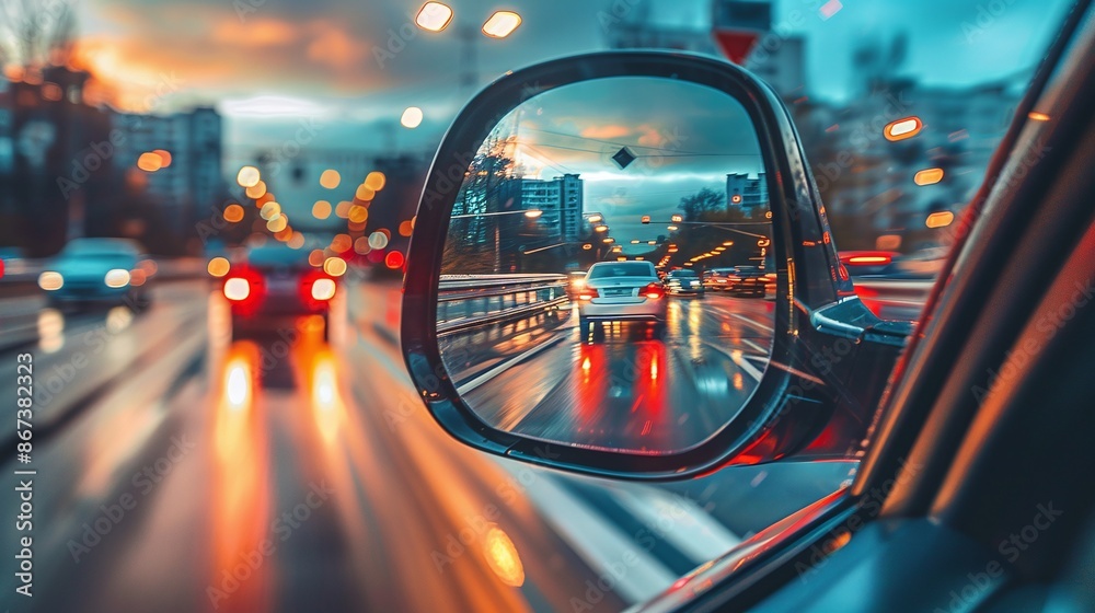 A rear view mirror of a car on a city street with passing traffic and urban landscape A rear view mirror of a car on a city street with passing traffic and urban landscape