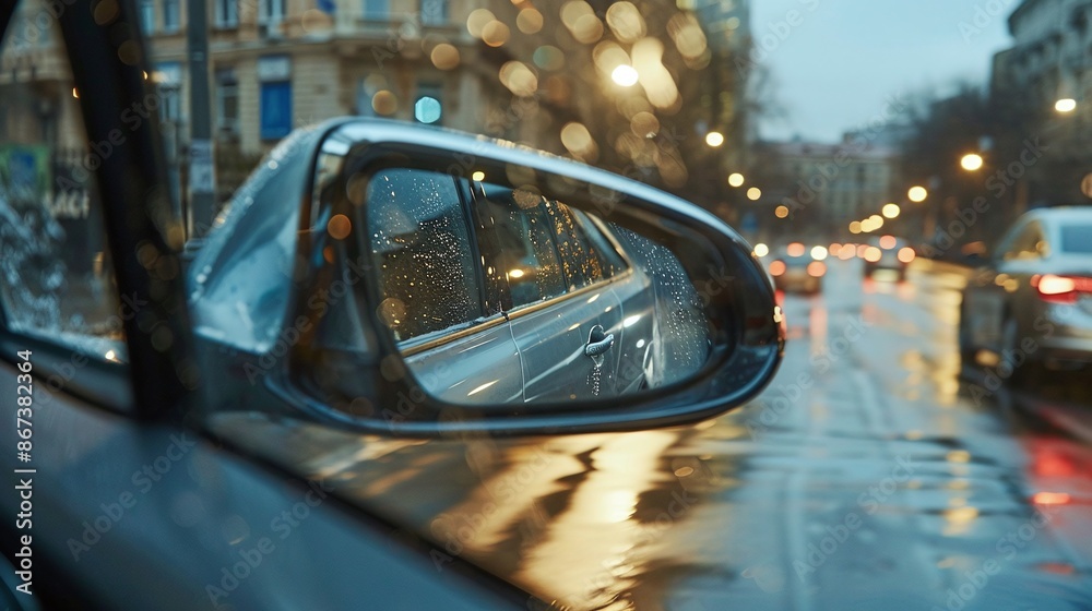 A rear view mirror of a car on a city street with passing traffic and urban landscape