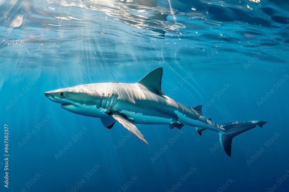 Fototapeta premium Great White Shark Swimming in Blue Ocean Water.
