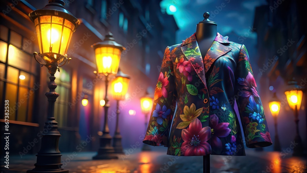 Vibrant floral jacket hanging on a city street lamp post , fashion, urban, texture, colorful, trendy, garment, modern, spring, summer, cityscape, youthful, vibrant, street style, downtown Vibrant floral jacket hanging on a city street lamp post , fashion, urban, texture, colorful, trendy, garment, modern, spring, summer, cityscape, youthful, vibrant, street style, downtown