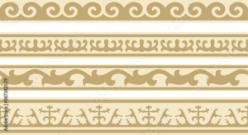 Vector set of golden seamless Kazakh national ornament. Ethnic endless pattern of the peoples of the Great Steppe, Mongols, Kyrgyz, Kalmyks,