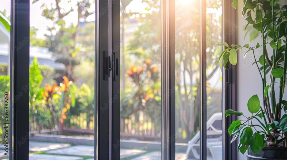 Naklejka premium Close up image of aluminum frame sliding patio door system