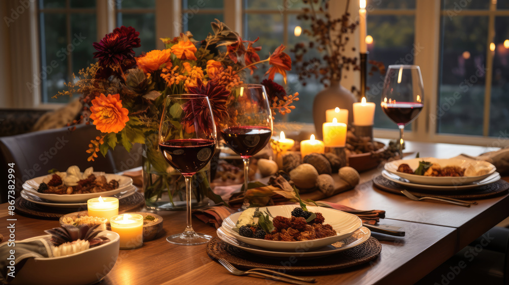 Dining table set up with wineglasses and tableware for an evening Thanksgiving dinner party,, generative ai Dining table set up with wineglasses and tableware for an evening Thanksgiving dinner party,, generative ai