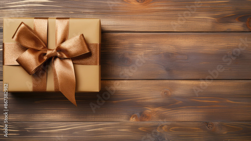 Vintage gift box on wooden background. Copy space and top view., generative ai