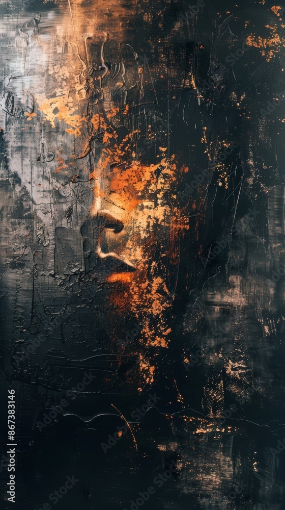 Obraz premium Abstract portrait painting using black and gold colors, evoking mystery and beauty. The artwork uses strong brushstrokes and a palette knife