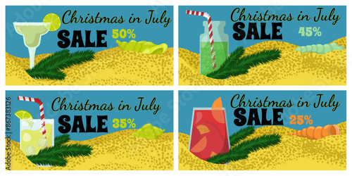 Set of horizontal flyers templates for Christmas in July sales, bright summer drinks and sprigs of pine needles on the beach