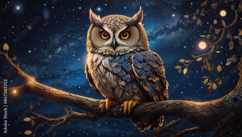 An owl with large eyes is perched on a branch An owl with large eyes is perched on a branch