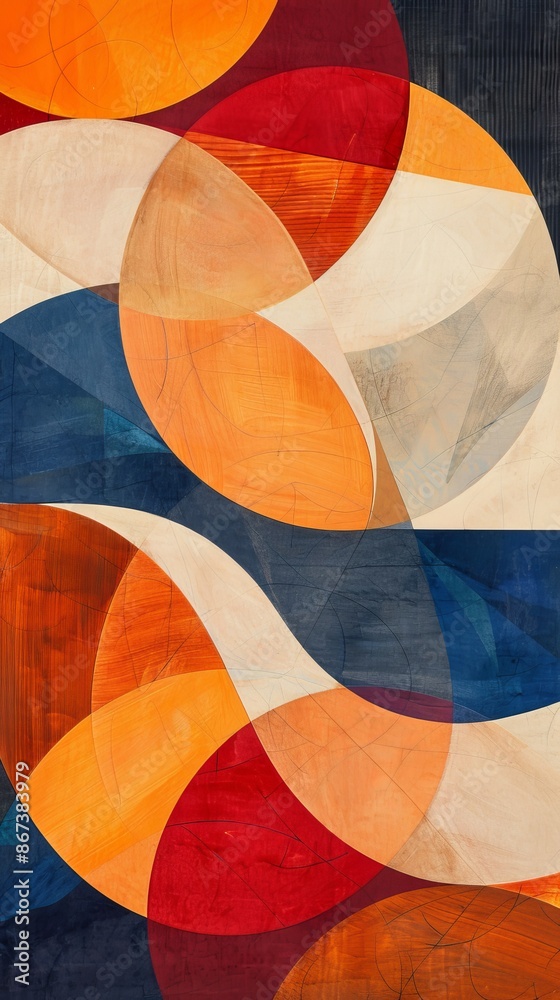 Fototapeta premium Abstract background with organic shapes in warm colors such as red, orange and yellow, overlapping with others in cold tones such as blue and gray