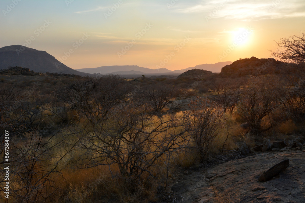 Beautiful desert evening sunset landscape in hilly area. Small dry trees and mountains in the distance Beautiful desert evening sunset landscape in hilly area. Small dry trees and mountains in the distance